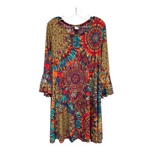 'Hayzel' Multicolor Tie-Dye Swing Dress w/ Pockets Bell Sleeves Size 1X